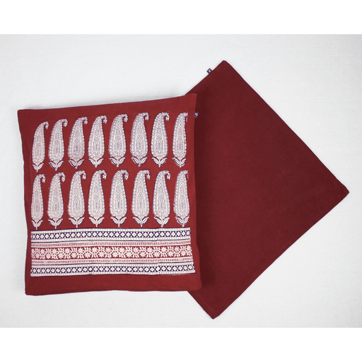 Long Paisley Bagh Hand Block Print Cotton Cushion Cover - Red - Lost Land Interiors