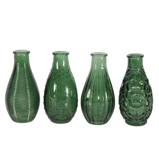 4 x Pear Green Vintage Bud Vase (Assorted) -14cm x 7cm -14cm x 7cm. Glass Vintage Style Bottle Vase - Lost Land Interiors
