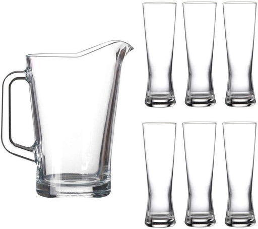 Lucente 7PC Clear Drinking Glass & 1.8Lt Pitcher Jug Set - 6 Weizen Style Beer Soft Drink Glasses 300m - Lost Land Interiors
