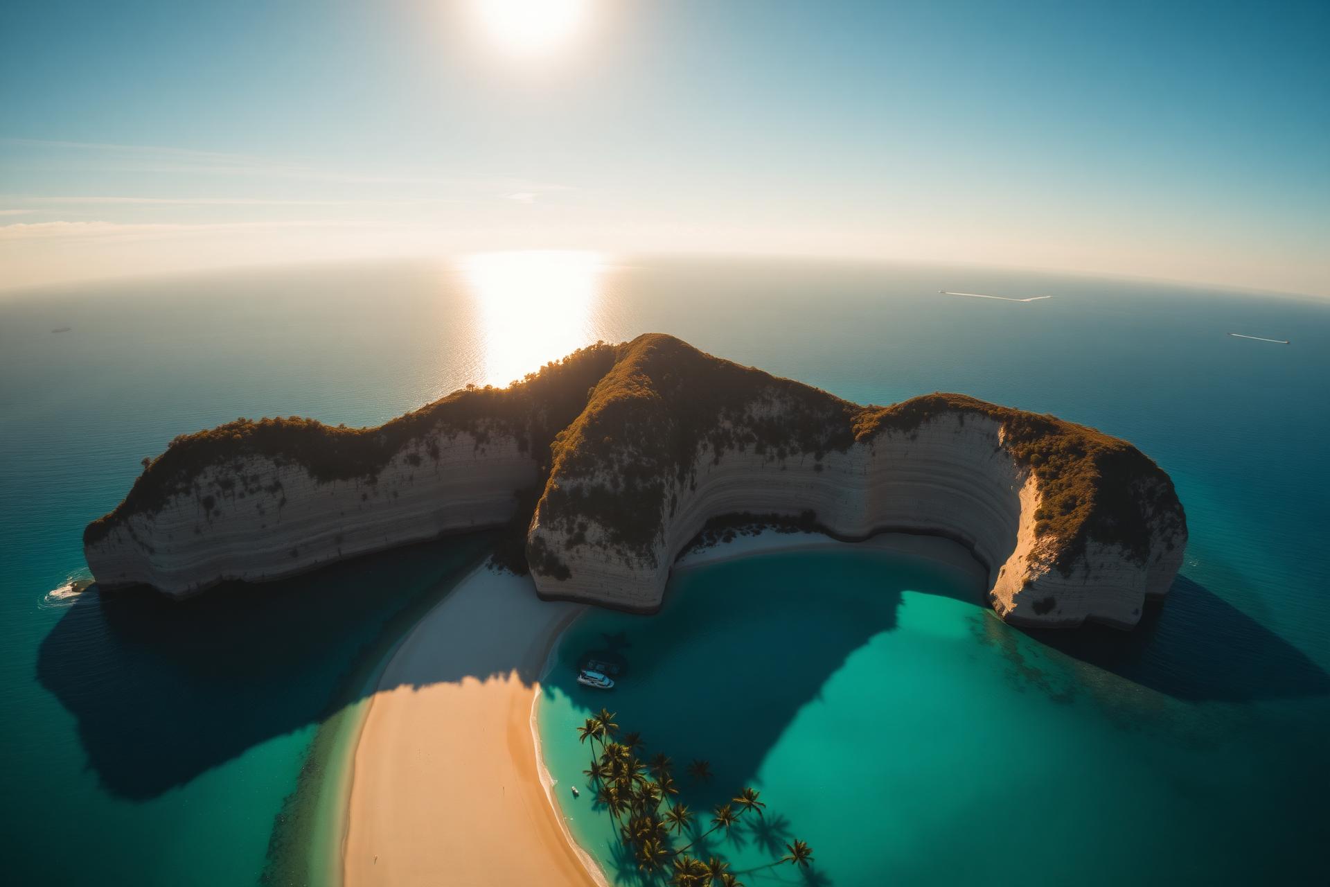 Aerial view of a turquoise lagoon and white sand beach