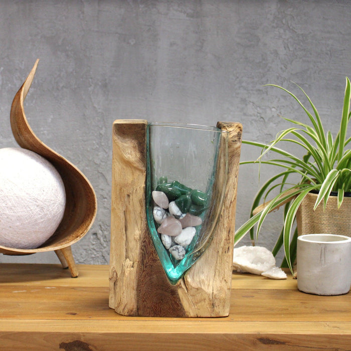 Balinese Handcrafted Molten Glass on Wood Vase - Natural Elegance for Your Home - Lost Land Interiors