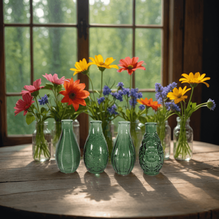 Pear Green Vintage Bud Vase (Assorted) -14cm x 7cm -14cm x 7cm. Glass Vintage Style Bottle Vase - Lost Land Interiors