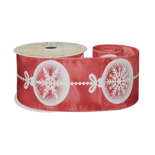 Red Satin Ribbon with Snowflake Bauble Print (63mm x 9m) - Lost Land Interiors