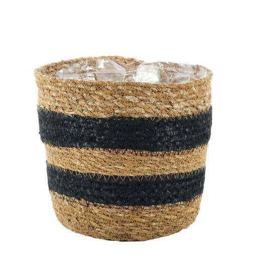 Stylish Natural & Black Striped Seagrass Basket (16 x 18cm) Indoor Planter with Liner - Lost Land Interiors