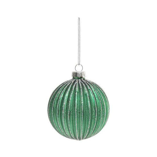 Green Glitter Stripe Glass Bauble (Dia8cm) - Lost Land Interiors