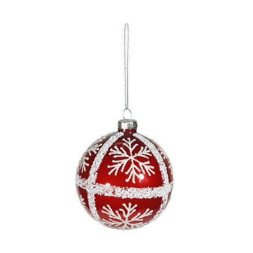 Red Glass Bauble with White Glitter Snowflakes (Dia8cm) - Lost Land Interiors
