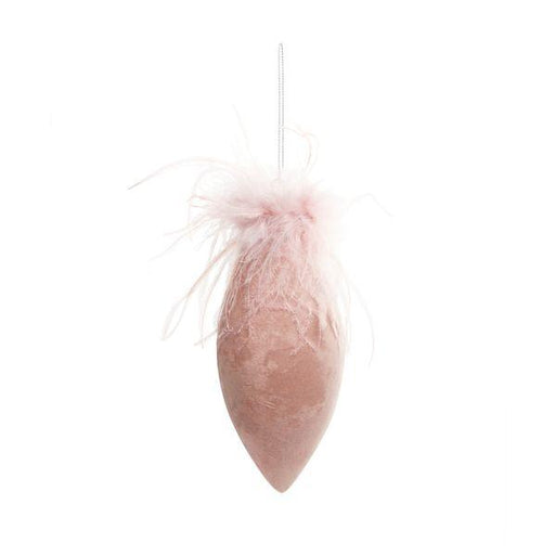 Pink Velvet Glass Droplet Bauble with Feather (H16cm) - Lost Land Interiors