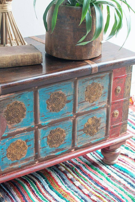 Blue Painted Trunk made from New and Reclaimed Wood with a Metal Trim - Lost Land Interiors