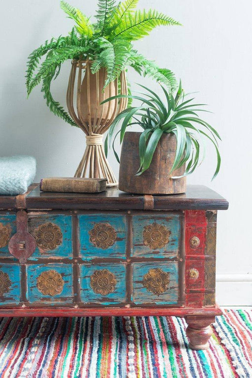 Blue Painted Trunk made from New and Reclaimed Wood with a Metal Trim - Lost Land Interiors