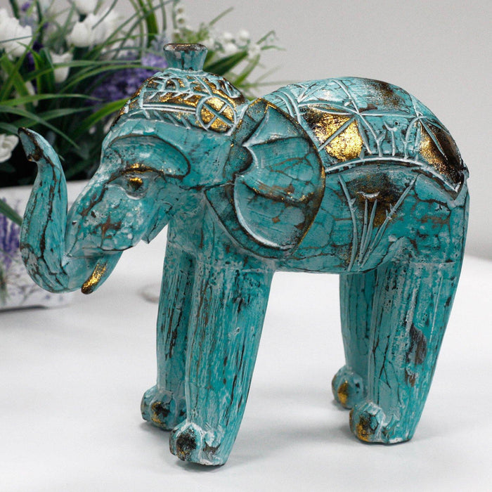 Wood Carved Elephant - Turquois Gold - Hand Carved in Bali - Lost Land Interiors