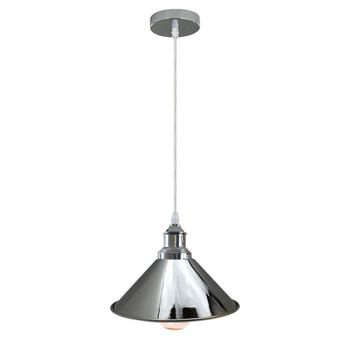 Industrial Vintage single ceiling Pendant Lighting Metal cone Chrome Lampshade E27 UK Holder~3817 - Lost Land Interiors