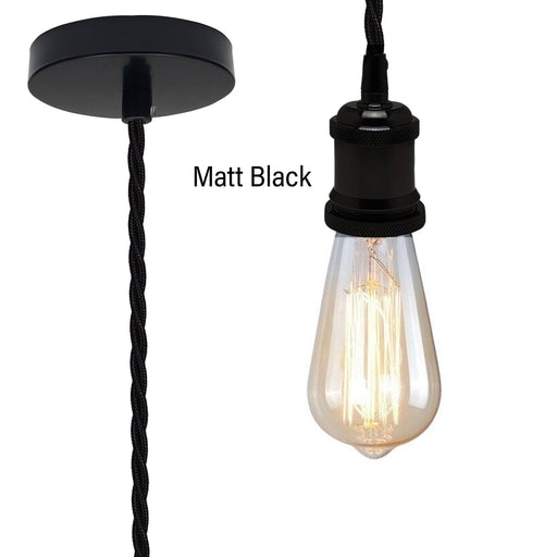 Vintage Matt Black Metal Ceiling Fitting Black Twisted Braided Flex 2m E27 Lamp Holder Pendant Light~3830 - Lost Land Interiors