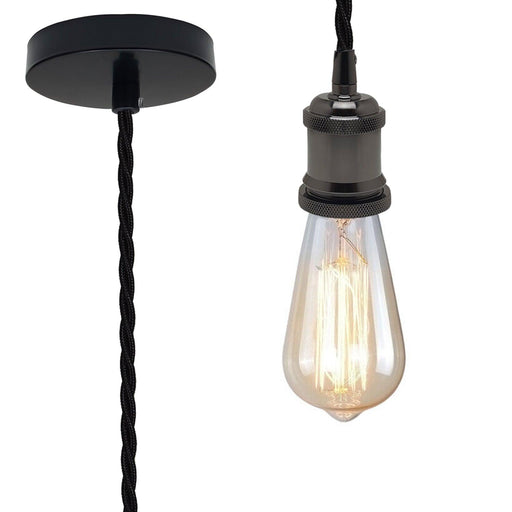 Vintage Shiny Black Metal Ceiling Fitting Black Twisted Braided Flex 2m E27 Lamp Holder Pendant Light~3821 - Lost Land Interiors