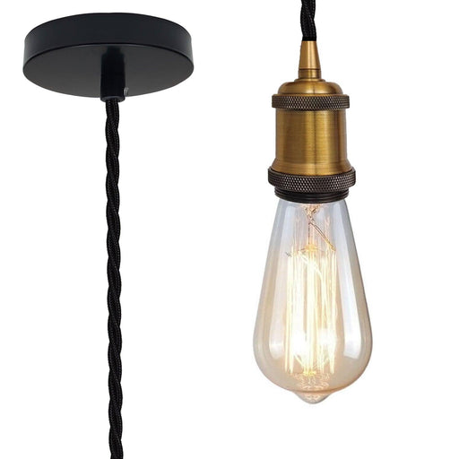 Vintage Yellow brass Metal Ceiling Fitting Black Twisted Braided Flex 2m E27 Lamp Holder Pendant Light~3820 - Lost Land Interiors