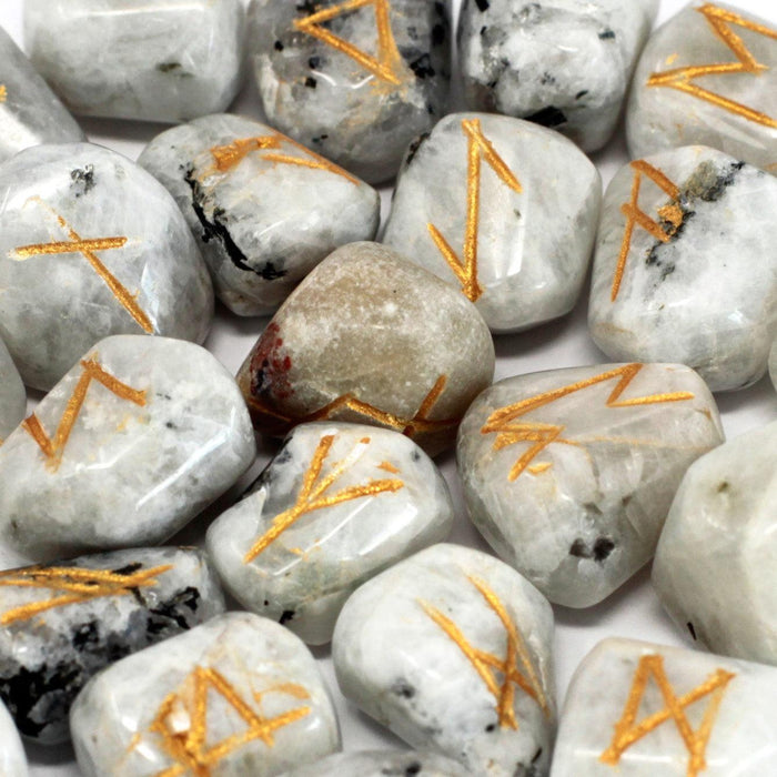 Runes Stone Set in Pouch - Rainbow Moonstone - Lost Land Interiors