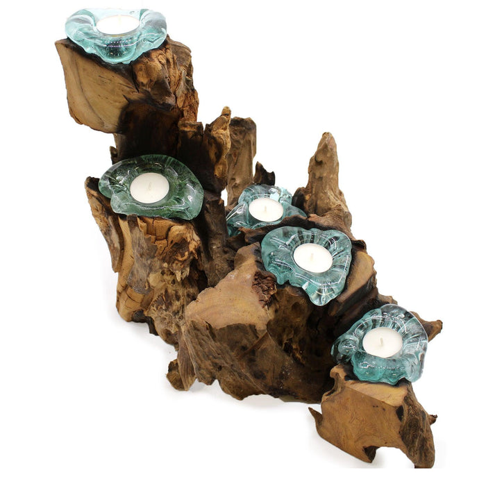 Molten Glass Five Candle Holder on Bali Wood - Lost Land Interiors