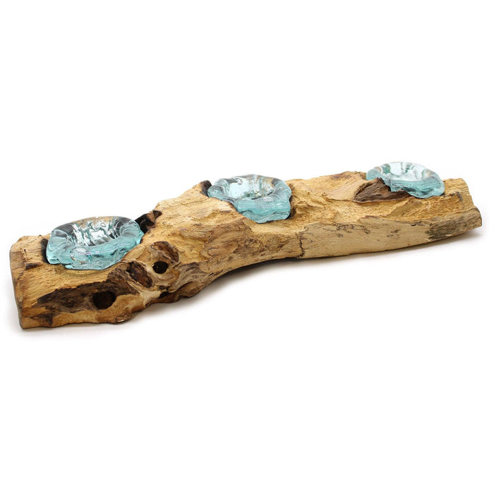 Molton Glass Flat Triple Candle Holder on Bali Wood - Lost Land Interiors