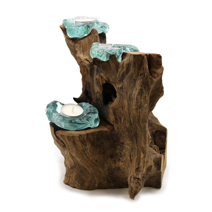 Molten Glass Triple Candle Holder on Bali Wood - Lost Land Interiors