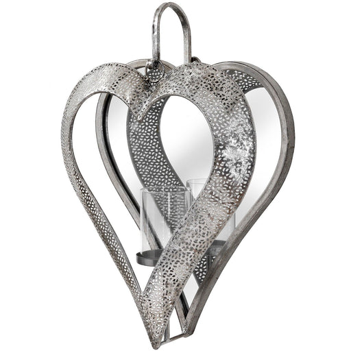 Antique Silver Heart Mirrored Tealight Holder in Large - Lost Land Interiors