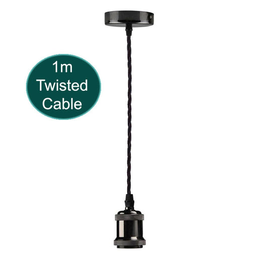 1m Black Twisted Cable E27 Base Shiny Black Holder~1713 - Lost Land Interiors