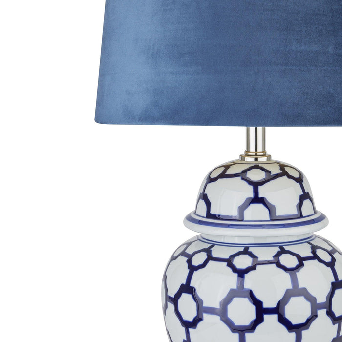 Acanthus Blue And White Ceramic Lamp With Blue Velvet Shade - Lost Land Interiors