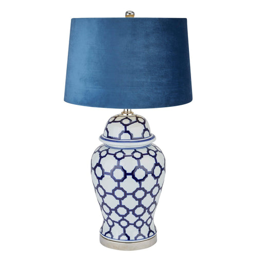 Acanthus Blue And White Ceramic Lamp With Blue Velvet Shade - Lost Land Interiors
