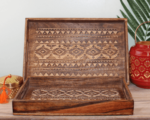 Set of 2 Hand Carved Kasbah Wooden Trays - Lost Land Interiors