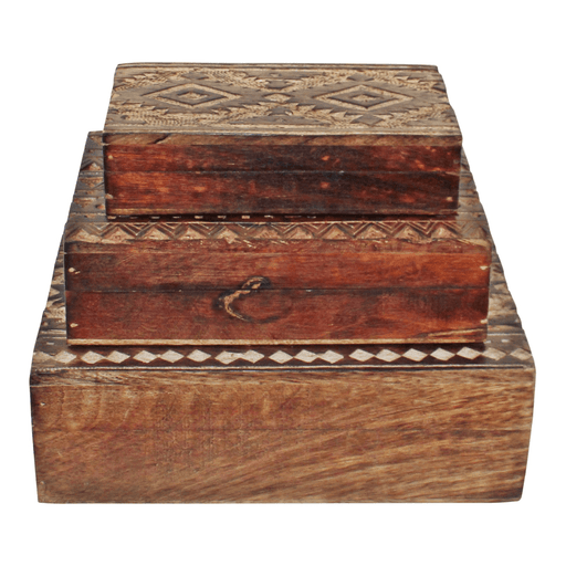 Set of 3 Hand Carved Kasbah Wooden Rectangular Boxes - Lost Land Interiors