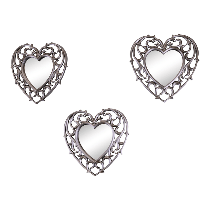 Set of 3 Decorative Silver Filigree Heart Shaped Wall Mounted Mirrors - Lost Land Interiors