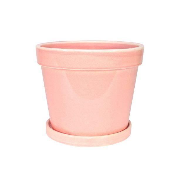 Pink Vintage Stoneware Painted Pot with Saucer (15cm x 13cm) - Lost Land Interiors