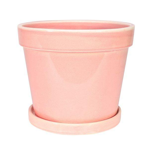 Vintage Pink-Stoneware Painted Pot with Saucer (20x17cm) - Lost Land Interiors