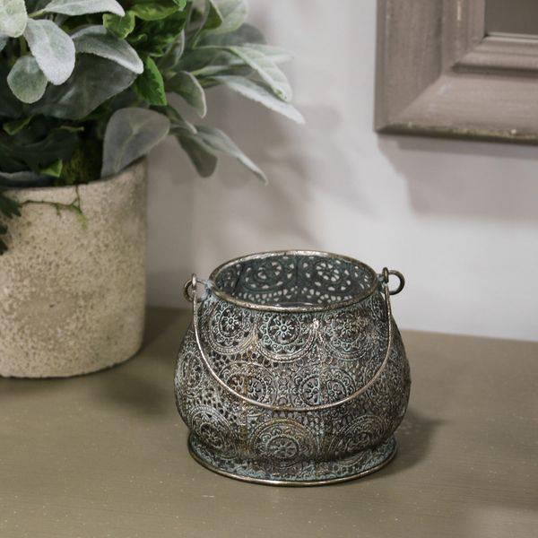 Marrakesh Candleholder with Handle (14cm) Metal Mesh Kasbah Style - Lost Land Interiors