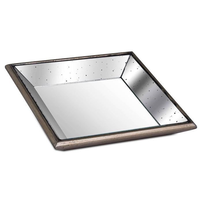 Astor Distressed Mirrored Square Tray W/Wooden Detailing Sml - Lost Land Interiors