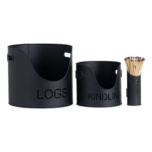 Black Finish Logs And Kindling Buckets & Matchstick Holder - Lost Land Interiors
