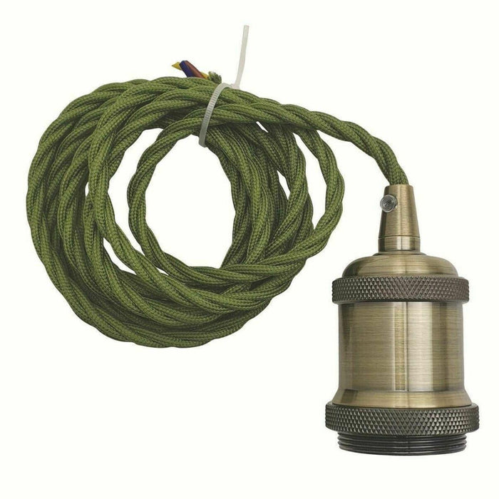 2m Army Green Twisted Cable Pendant E27 Base Green Brass Holder~1732 - Lost Land Interiors