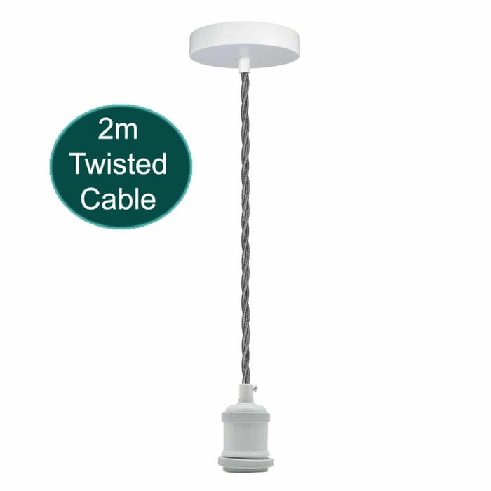 2m Grey Twisted Cable E27 Base Pendant White Holder~1738 - Lost Land Interiors