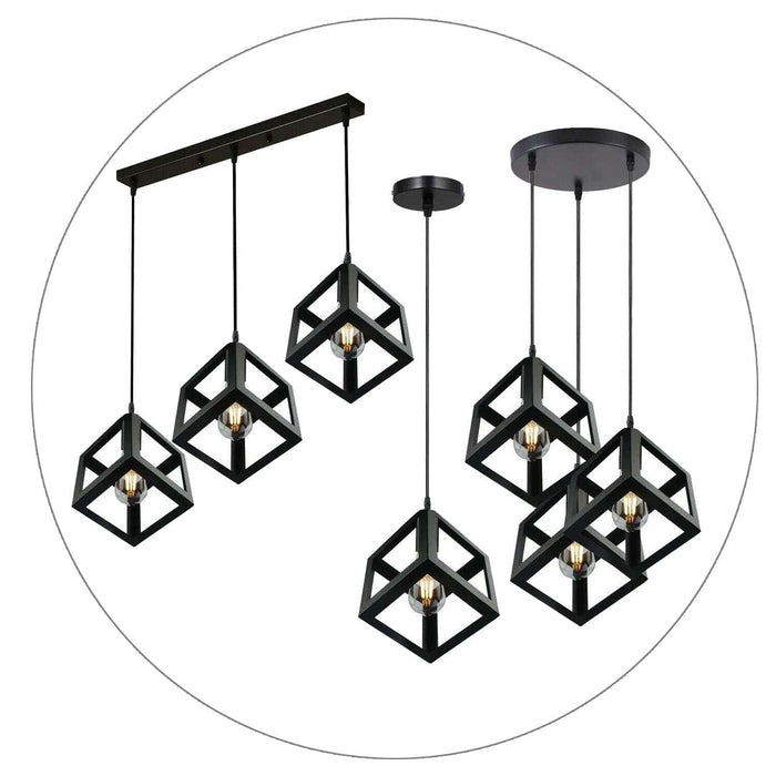 Vintage Industrial 1/3 Light Black Square Cluster Pendant Light Fitting~1256 - Lost Land Interiors