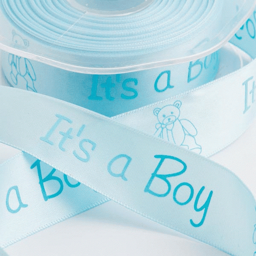 'Its A Boy' Pale blue satin ribbon with teddy 25mm x 20m - Lost Land Interiors