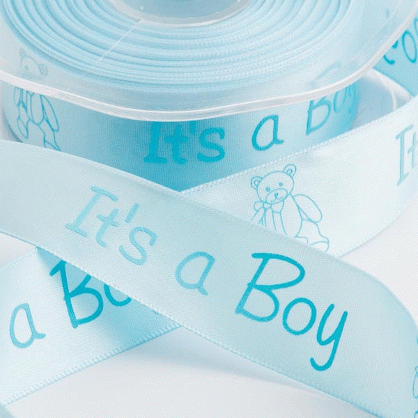 'Its A Boy' Pale blue satin ribbon with teddy 25mm x 20m - Lost Land Interiors