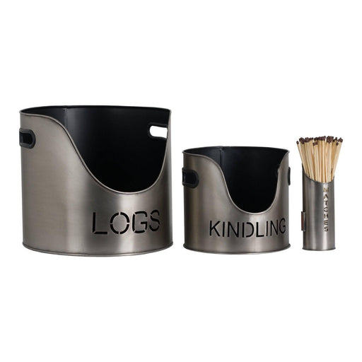 Pewter Finish Logs And Kindling Buckets & Matchstick Holder - Lost Land Interiors