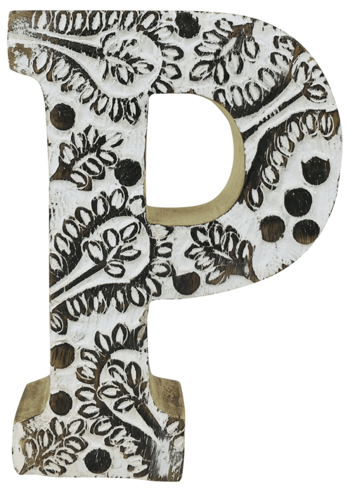 Hand Carved Wooden White Flower Letter P - Lost Land Interiors