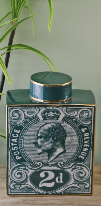 Large Postage Stamp Decorative Ginger Jar, Teal Green - Lost Land Interiors