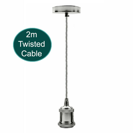 2m Grey Twisted Cable E27 Base Chrome Pendant Holder~1731 - Lost Land Interiors