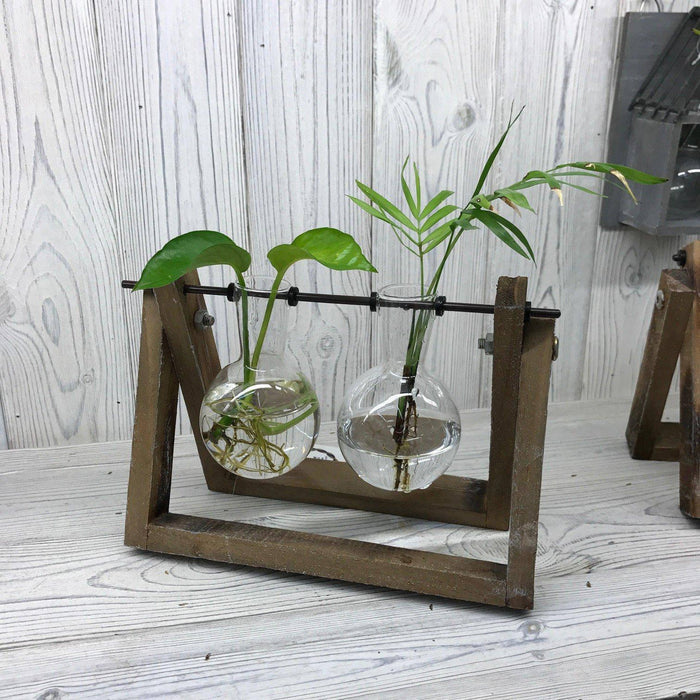 Hydroponic Vase Home Décor - Two Pot Wooden Stand - Lost Land Interiors