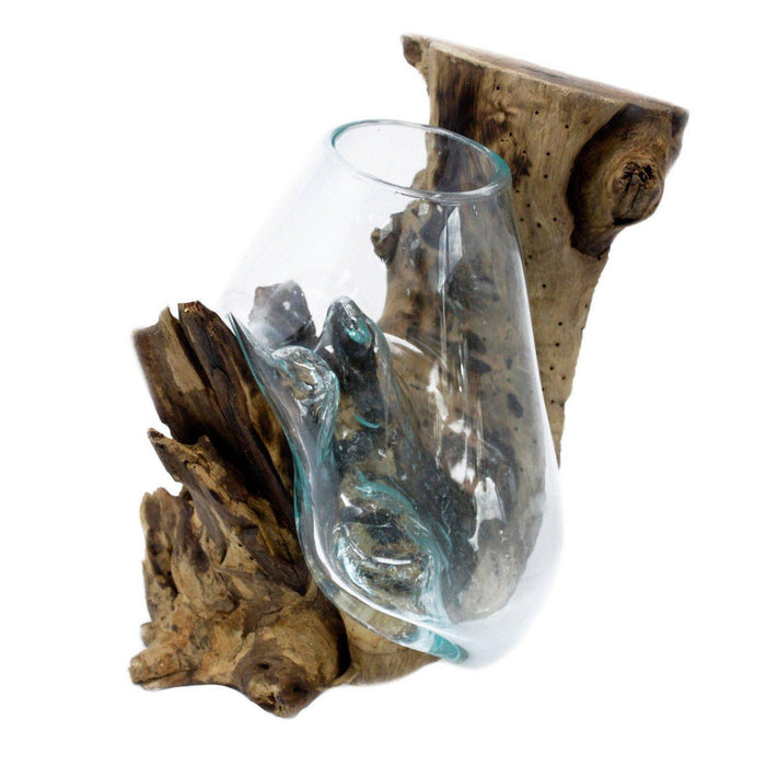 Glass and Driftwood terrarium wall hanger  - Hand blown recycled glass and sustainable teak - Lost Land Interiors