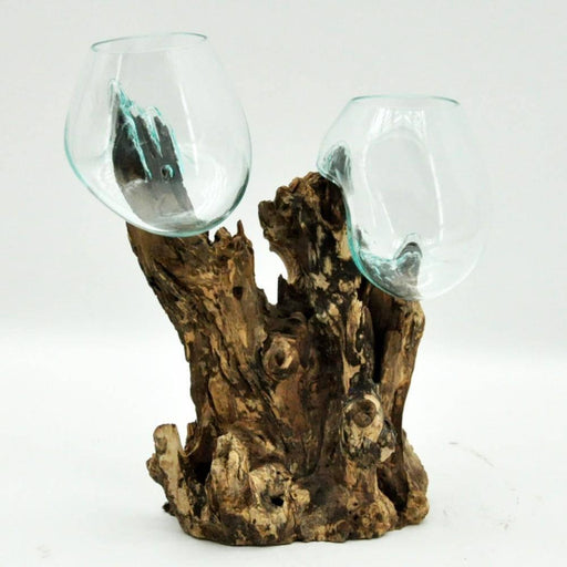 XL Double  Glass and teak terrarium vase  - Hand blown recycled glass and sustainable teak - Lost Land Interiors