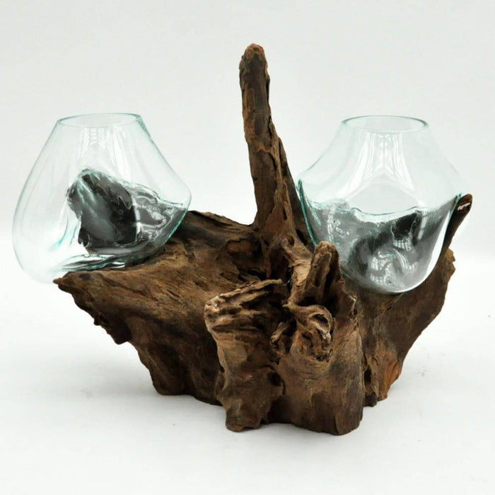 XL Wide Double  Glass and teak terrarium vase  - Hand blown recycled glass and sustainable teak - Lost Land Interiors