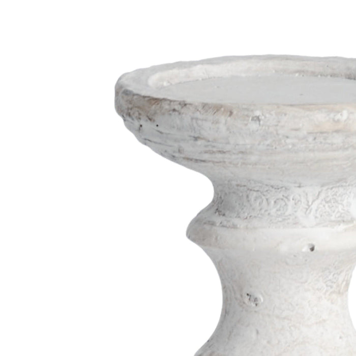 30cm Stone effect turned candle stand with antiqued finish. - Lost Land Interiors