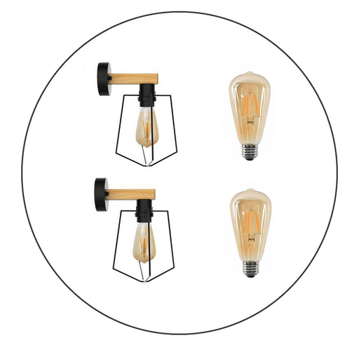 2Pack E27 Modern Industrial Retro Wall Lights with FREE Bulbs Fittings Indoor Sconce Wood Metal Lamp~2302 - Lost Land Interiors