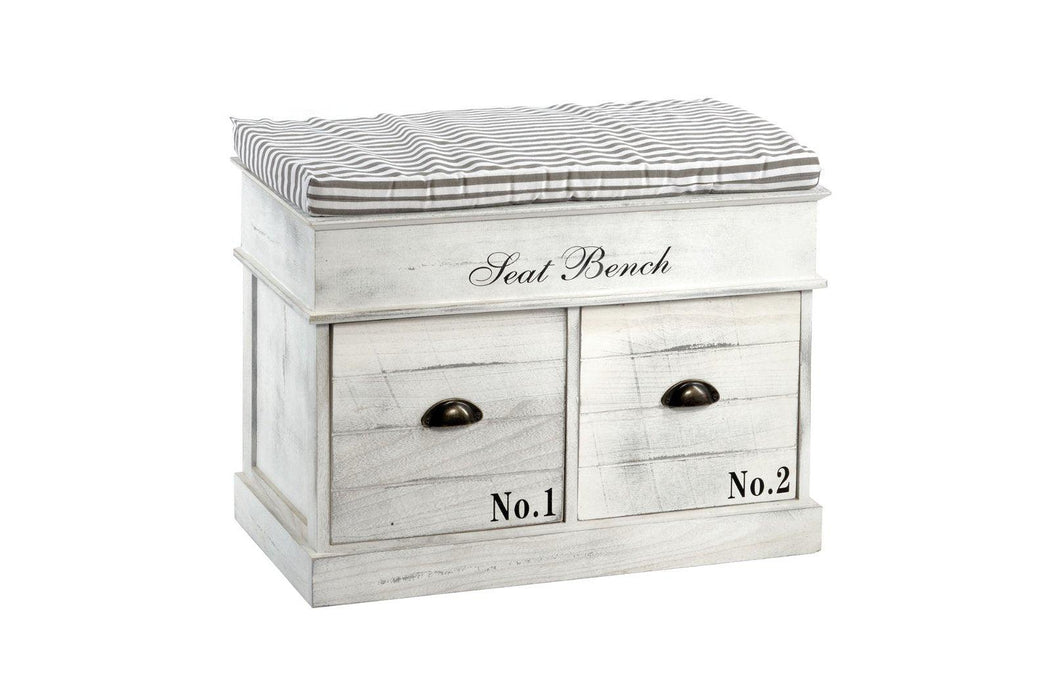 White Wood Seat Bench 2 Drawers 70 x 35 x 50cm - Lost Land Interiors